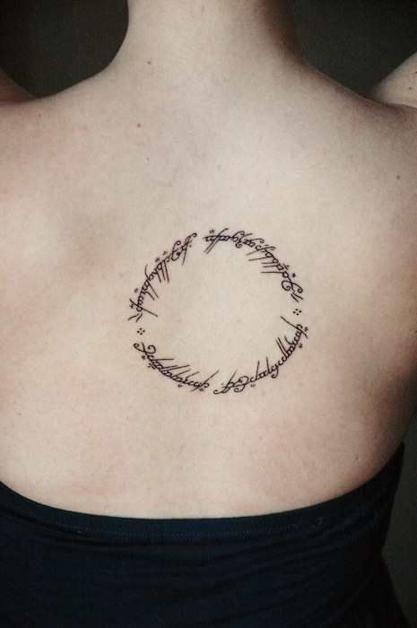 Lettering Circle Tattoo On Upper Back