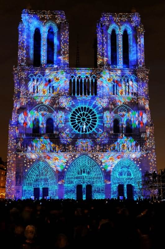 Lighting Decoration At Notre Dame de Paris Night View