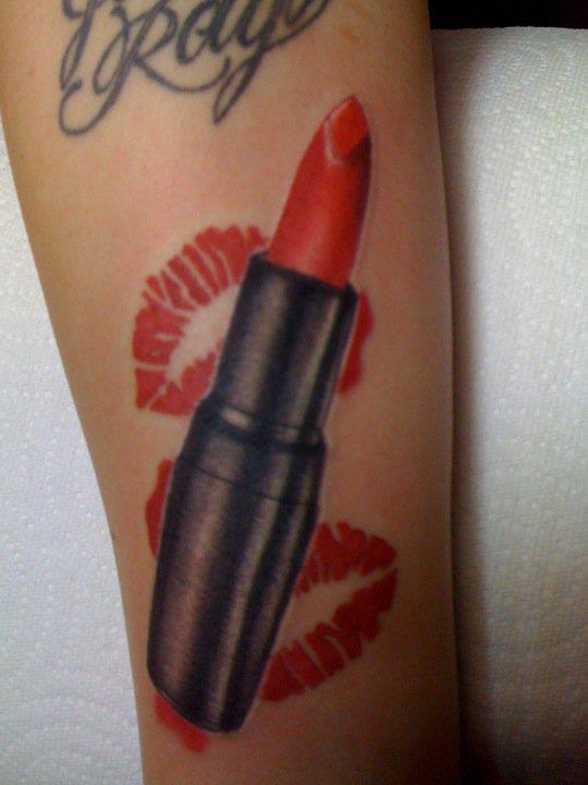 Lip Kiss Marks And Lipstick Tattoo On Arm