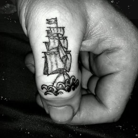 Little Sailor Ship Tattoo On Thumb