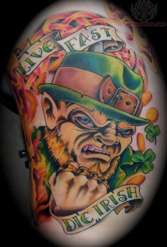 Live Fast Die Irish Banner And Leprechaun Tattoo Design