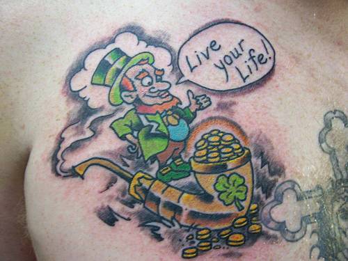 Live Your Life Leprechaun Tattoo On Man Chest