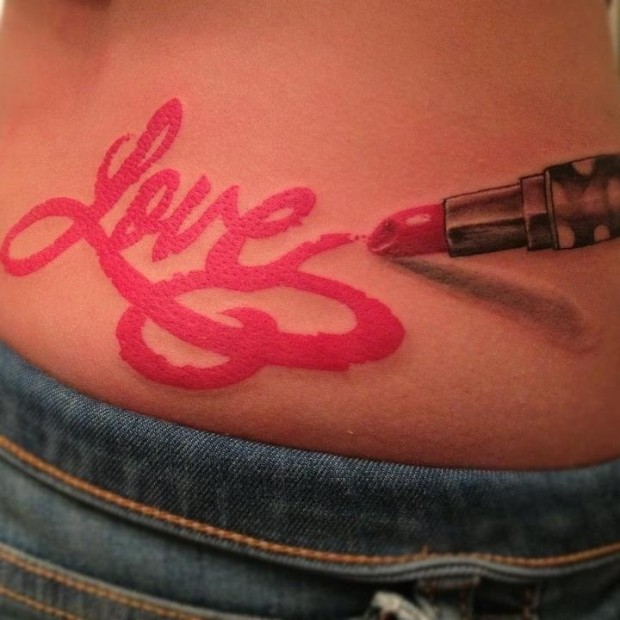 Love Word Print With Lipstick Tattoo On Waist