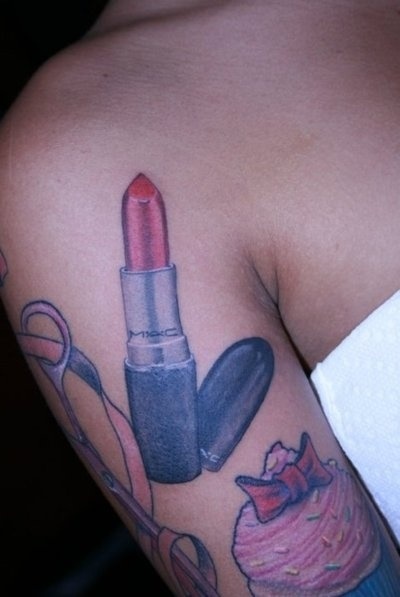 Mac Lipstick Tattoo On Girl Right Shoulder