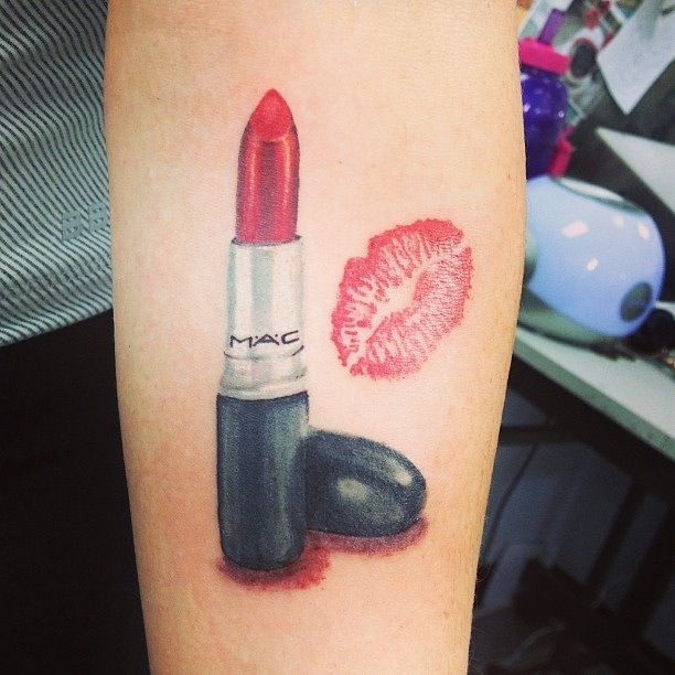 Mac Lipstick Tattoo On Left Forearm