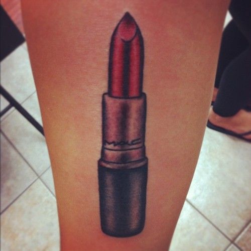 Mac Lipstick Tattoo On Leg