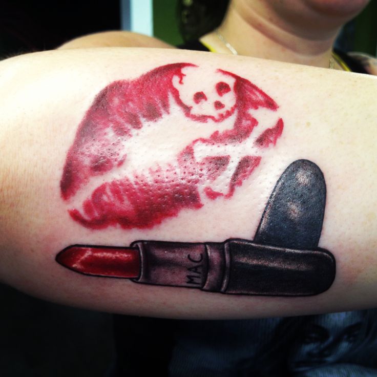 Mac Lipstick Tattoo On Man Right Arm