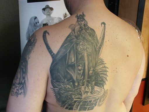 Man Left Back Shoulder Dark Ink Fantasy Tattoo