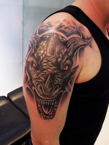 Man Right Shoulder Fantasy Dragon Tattoo On Half Sleeve by Original Tattoos