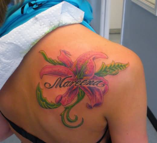 Mareena - Pink Floral Tattoo On Right Back Shoulder