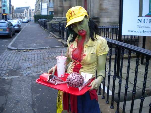 McDonalds Waiter In Zombie Costume Funny Image