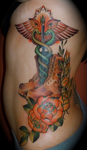Medical Symbol With Boot And Roses Tattoo Design For Side Rib
