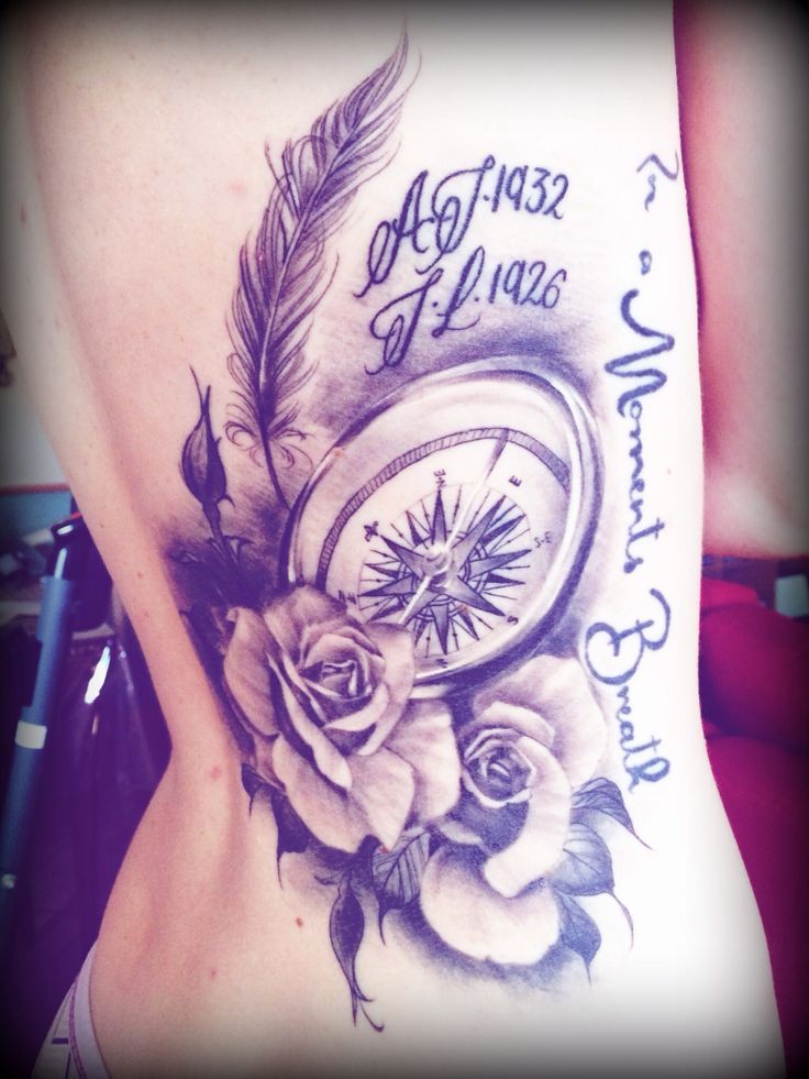 Memorial 3D Compass With Roses Tattoo Design For Side Rib