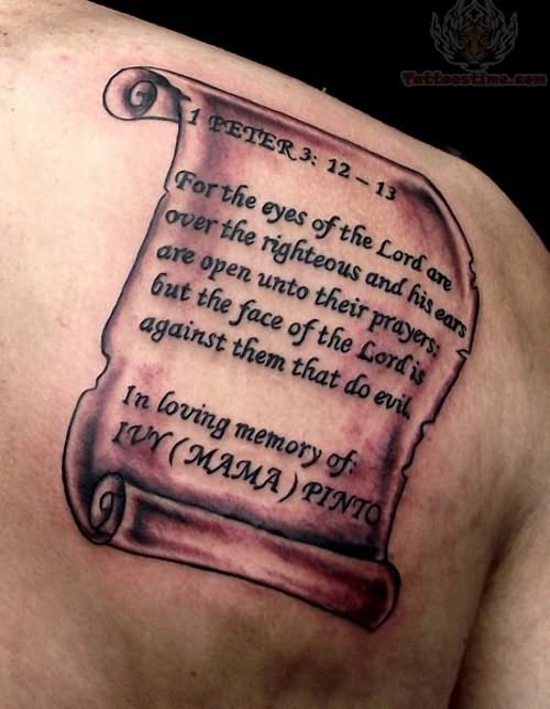 Memorial 3D Scroll Tattoo On Right Back Shoulder