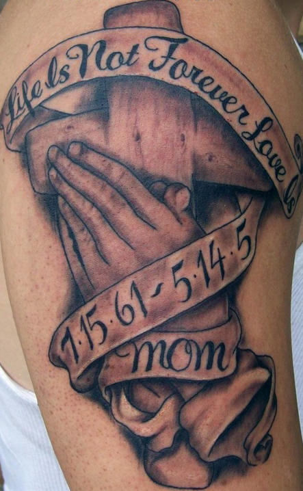 Memorial 3D Wooden Cross With Praying Hand And Banner Tattoo On Right Half Sleeve