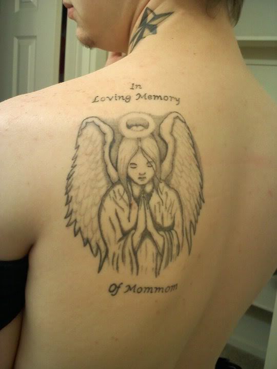 Memorial Angel Tattoo On Man Left Back Shoulder For Grandma