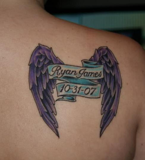 Memorial Angel Wings With Banner Tattoo On Right Back Shoulder For Grandma