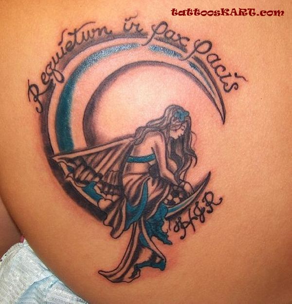 Memorial Angel With Half Moon Tattoo Design