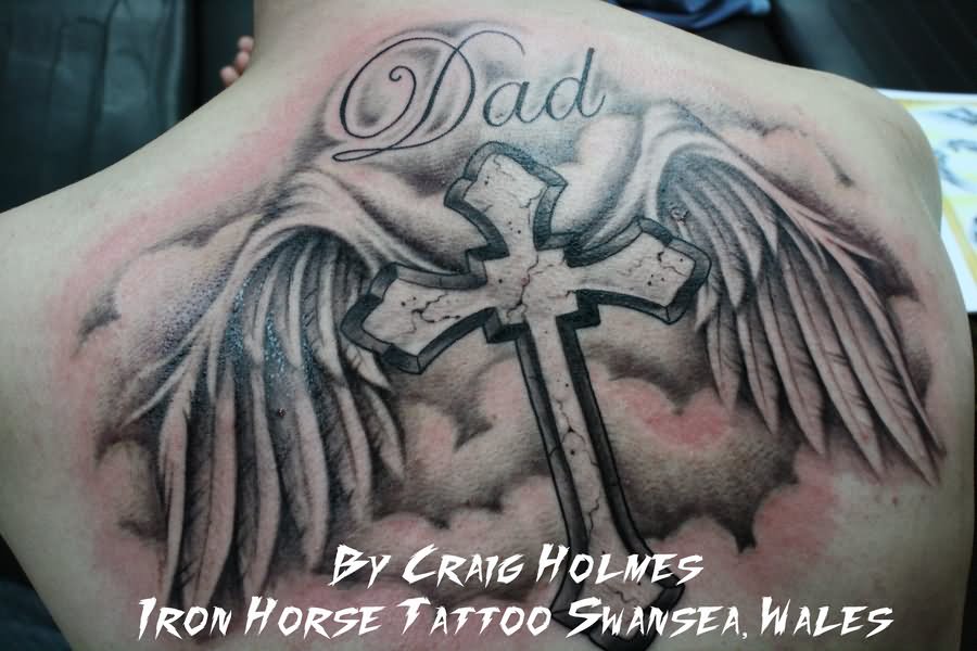 Memorial Black And Grey Cross With Wings Tattoo On Upper Back