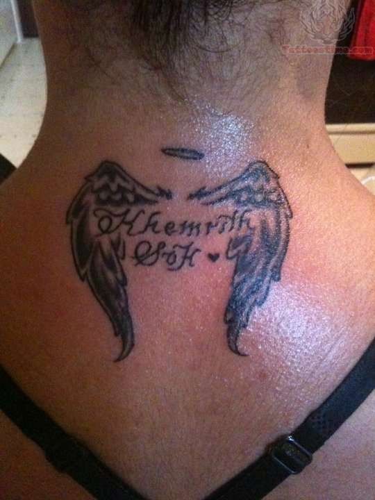 Memorial Black Angel Wings Tattoo On Back Neck