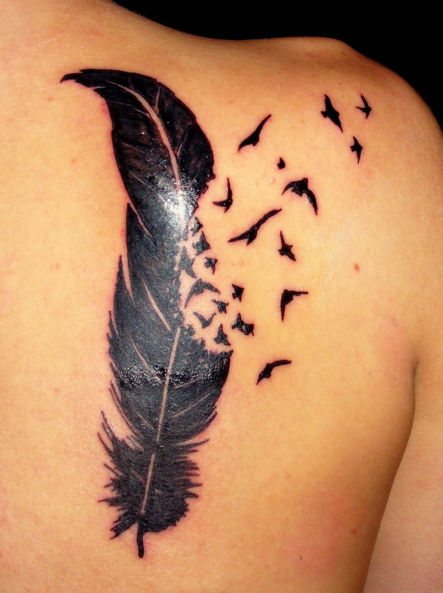 Memorial Black Feather With Flying Birds Tattoo On Right Back Shoulder