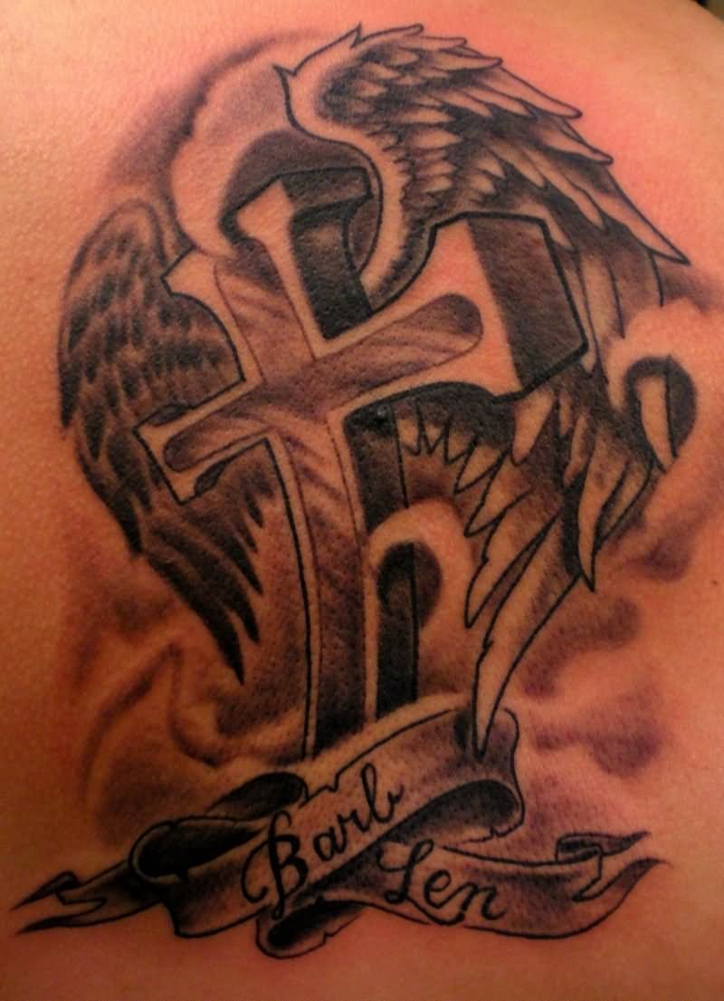 Memorial Black Ink Cross With Angel Wings And Banner Tattoo Design