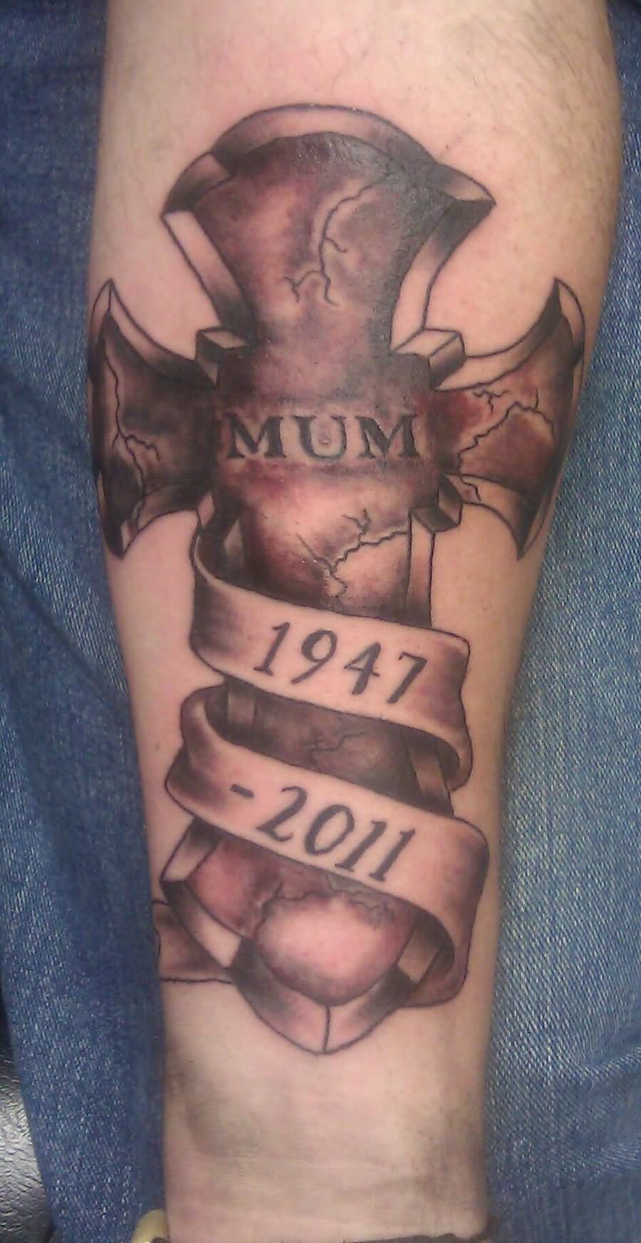 Memorial Black Ink Cross With Banner Tattoo Design For Forearm