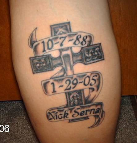 Memorial Black Ink Cross With Banner Tattoo Design For Leg Calf
