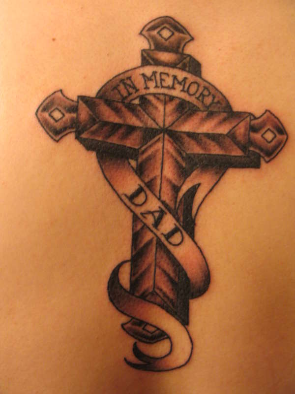 Memorial Black Ink Cross With Banner Tattoo Design