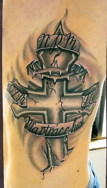 Memorial Black Ink Cross With Banner Tattoo On Side Rib