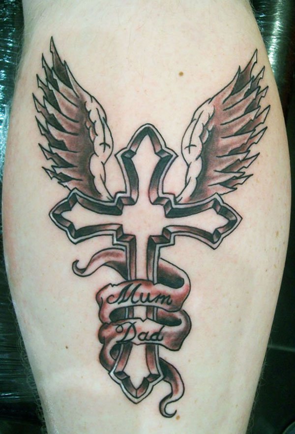 Memorial Black Ink Cross With Wings And Banner Tattoo Design For Leg Calf