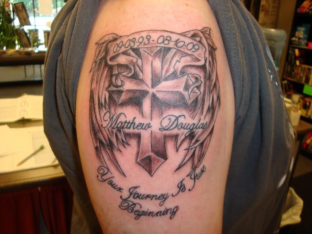 Memorial Black Ink Cross With Wings And Banner Tattoo On Right Half Sleeve