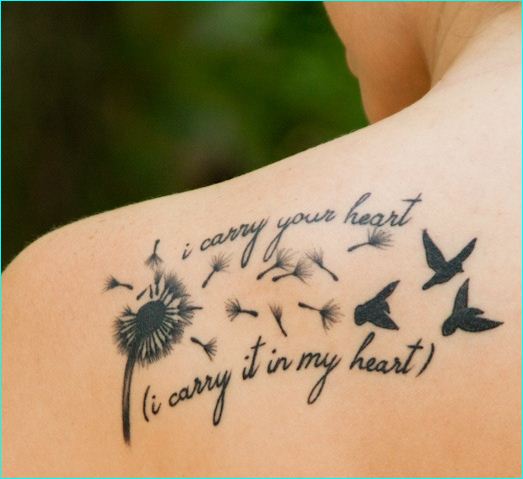 Memorial Black Ink Dandelion With Flying Birds Tattoo On Left Back Shoulder