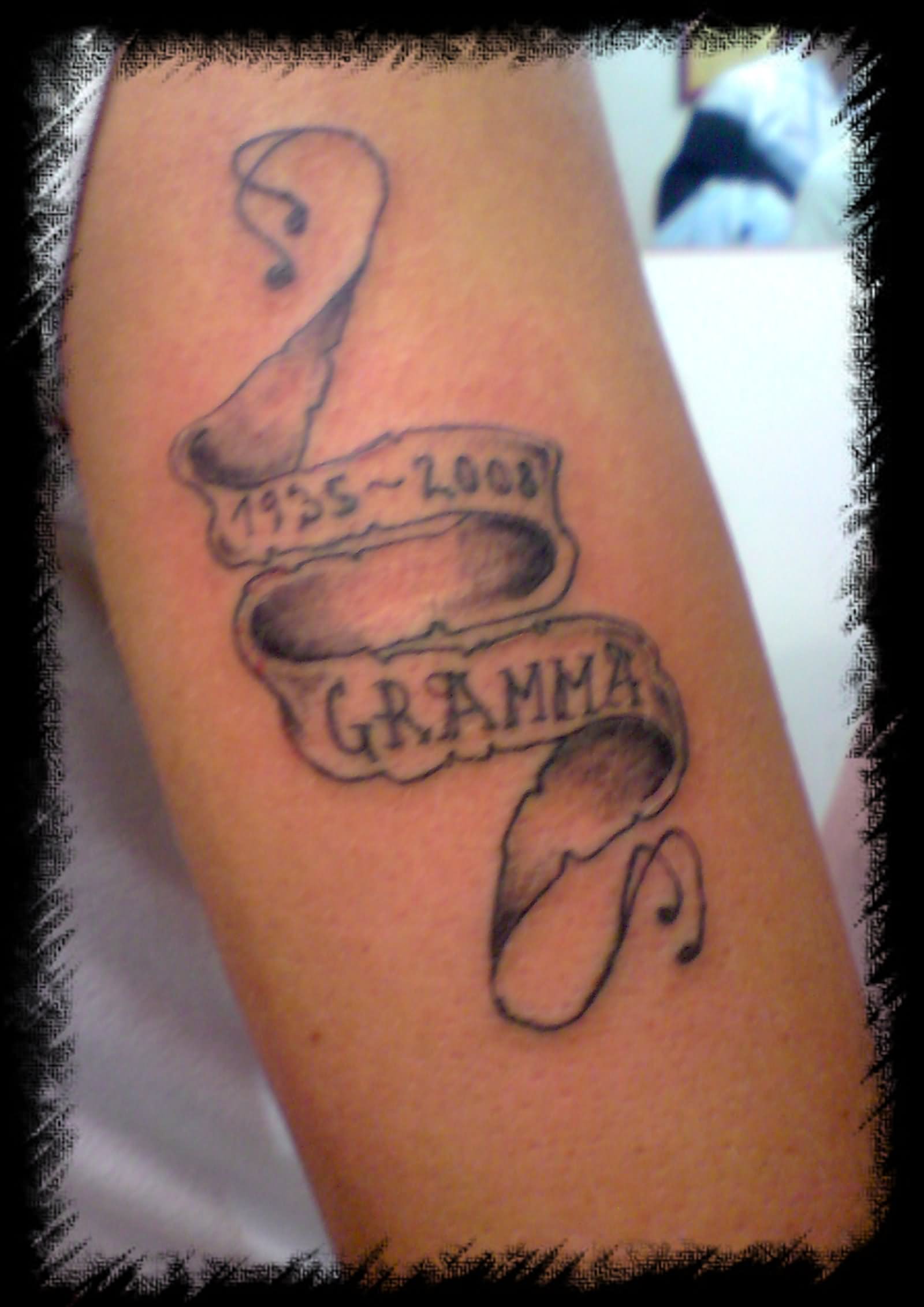 Memorial Black Ink Grandma Banner Tattoo Design For Half Sleeve