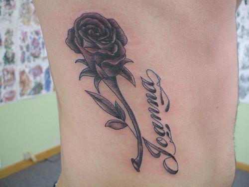 Memorial Black Ink Rose Tattoo On Side Rib