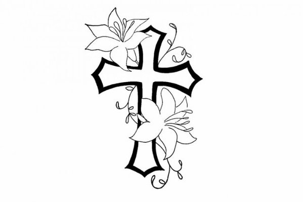 Memorial Black Outline Cross With Flower Tattoo Stencil