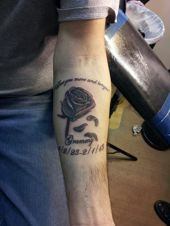 Memorial Black Rose Tattoo On Forearm For Grandpa