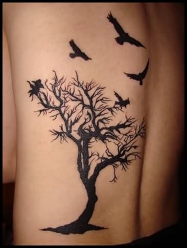 Memorial Black With Flying Birds Tattoo On Side Rib