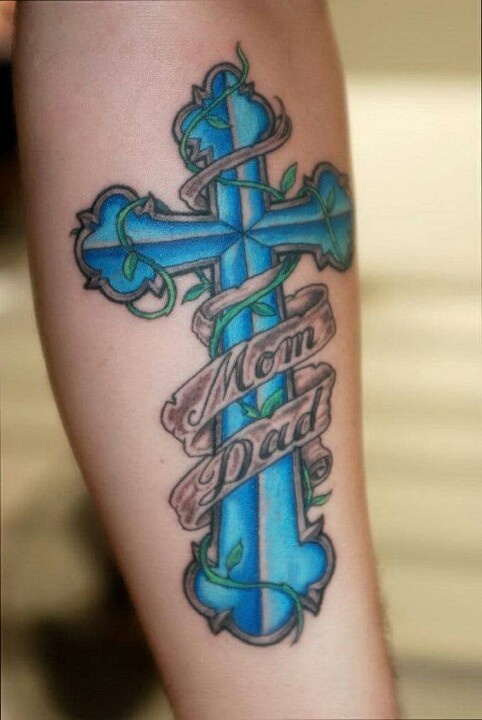 Memorial Blue Cross With Banner Tattoo Design For Forearm