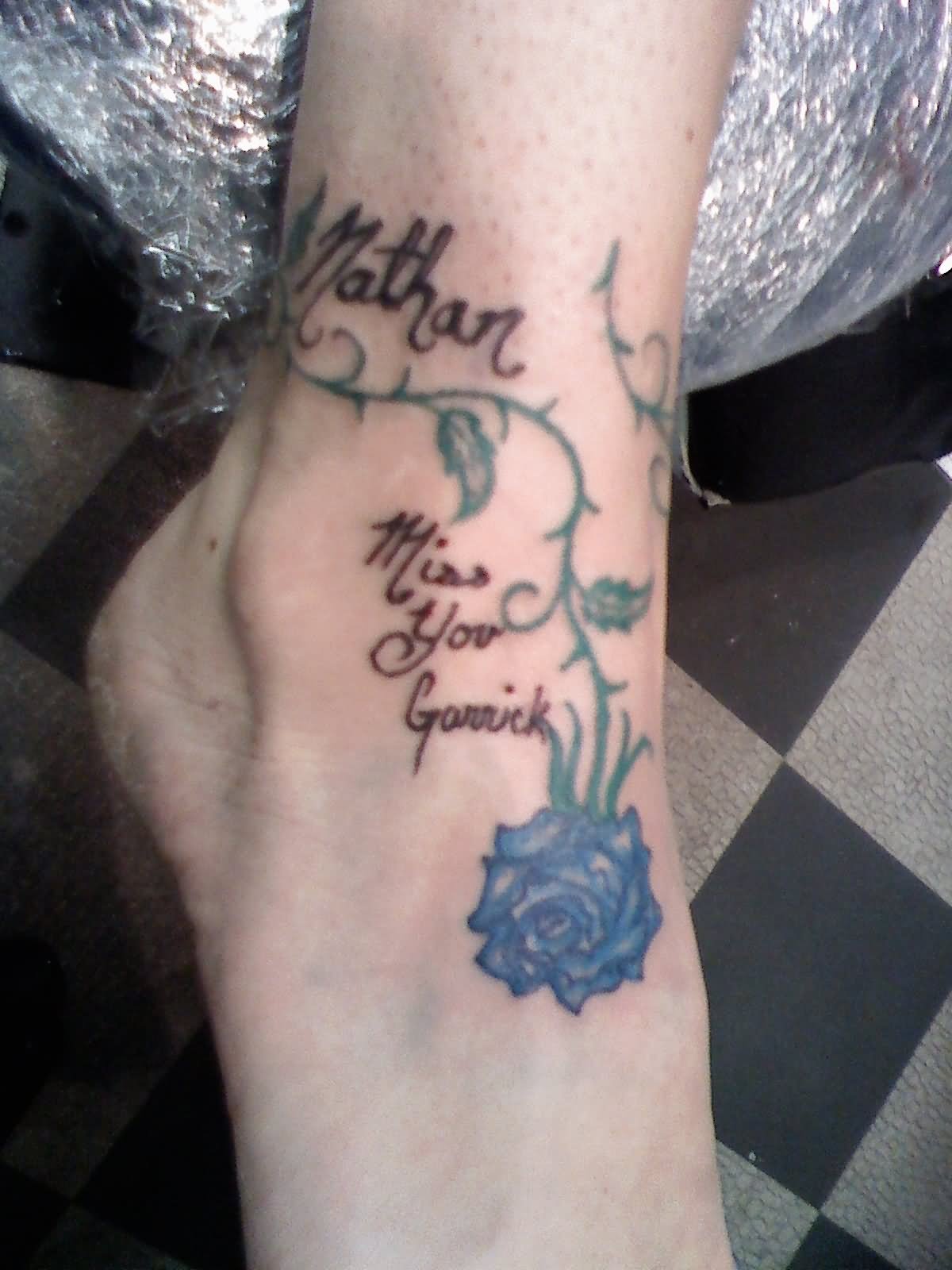 Memorial Blue Rose Tattoo On Foot