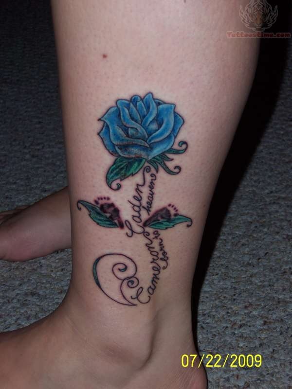 Memorial Blue Rose Tattoo On Leg