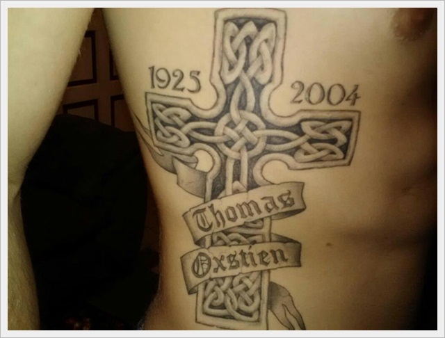 Memorial Celtic Cross With Banner Tattoo Design For Side Rib