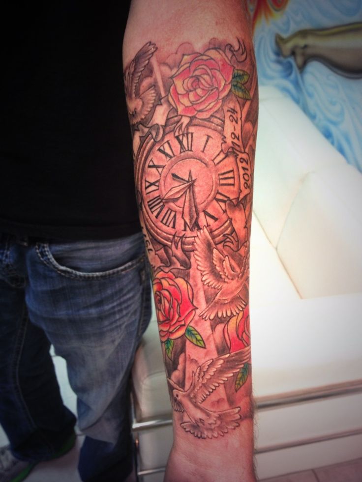 Memorial Clock With Roses Tattoo On Forearm For Sister