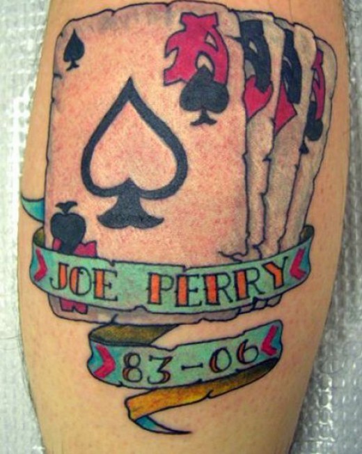 Memorial Colorful Playing Cards With Banner Tattoo Design