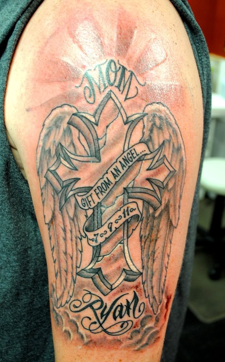 Memorial Cross With Angel Wings And Banner Tattoo Design For Half Sleeve