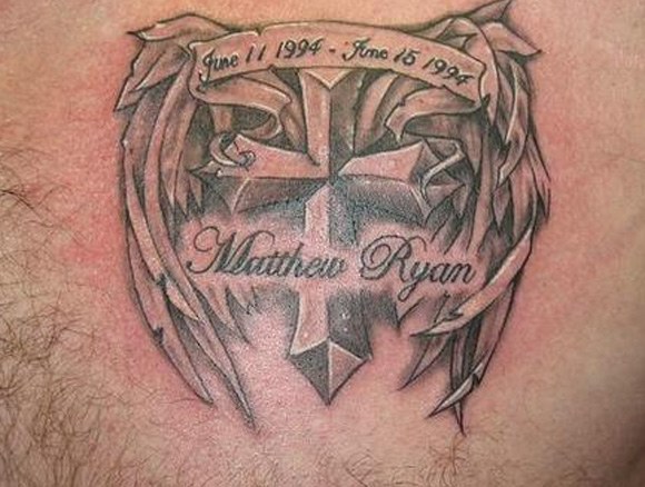 Memorial Cross With Banner Tattoo Design For Brother