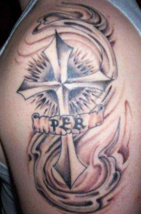 Memorial Cross With Banner Tattoo Design For Shoulder