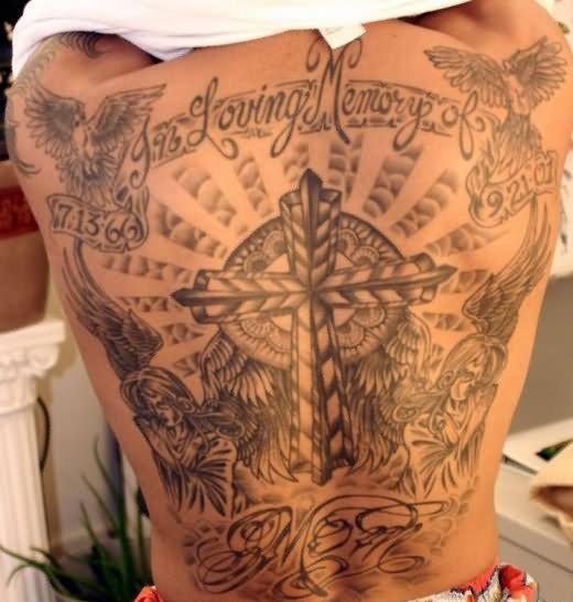 Memorial Cross With Banner Tattoo On Full Back
