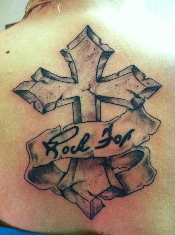 Memorial Cross With Banner Tattoo On Upper Back