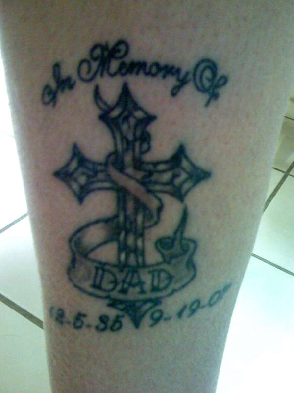 Memorial Cross With Dad Banner Tattoo Design